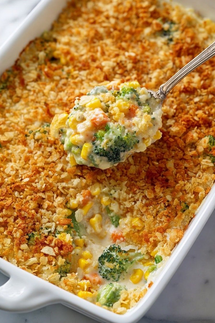 A white rectangular dish filled with a creamy baked casserole that has a golden brown crispy topping made of crushed crackers or crumbs. Inside, the casserole shows a creamy mixture with visible chunks of green broccoli, yellow corn kernels, and small orange carrot pieces. A silver spoon lifts a scoop from the middle, revealing the soft, cheesy, and creamy inside with mixed vegetables. The dish sits on a white marbled surface. Photo taken with an iphone --ar 2:3 --v 7