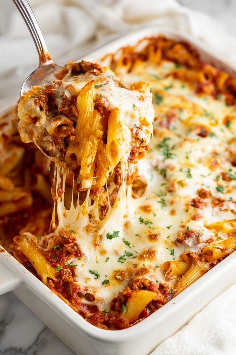 The image shows a white rectangular baking dish filled with baked pasta layers. The top layer is covered with melted cheese that is golden and slightly browned, with green herbs sprinkled on top. Below the cheese, there are layers of tubular pasta mixed with a red tomato sauce and bits of ground meat. The pasta layers are thick and hold together, with strings of melted cheese stretching as a silver spoon lifts a portion from the dish. The dish rests on a white marbled surface with a white cloth partially visible around the edges. Photo taken with an iphone --ar 2:3 --v 7