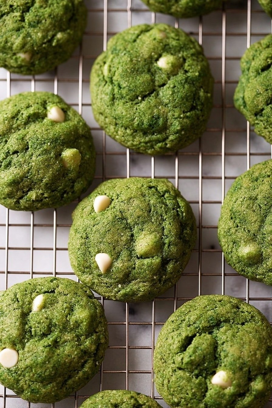 A group of round, green cookies with a slightly rough texture and small white chocolate chips scattered through them, all placed on a silver metal cooling rack above a white marbled surface. Each cookie is thick and soft-looking, with a rich green color that covers the whole surface, and the white chocolate chips creating small light spots in every cookie. The cookies are arranged randomly but close to each other, filling the rack evenly. Photo taken with an iphone --ar 2:3 --v 7
