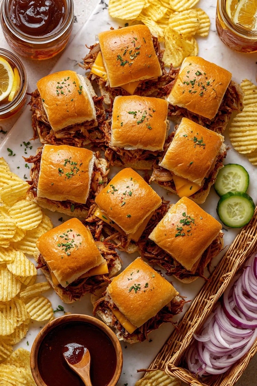 The image shows nine small square sandwiches arranged closely on a white marbled surface. Each sandwich has a soft, golden-brown top bun sprinkled with small green herbs. Inside, layers of shredded meat coated in a dark, glossy sauce are visible along with melted cheese and thin slices of red onion providing a mix of orange, red, and creamy textures. Around the sandwiches, wavy golden potato chips fill a woven basket and are scattered nearby. There are also some pale green pickle slices and thin red onion rings placed near the sandwiches. A small wooden bowl filled with thick dark brown sauce and a wooden spoon is seen on the bottom left. The setup includes a jar with a drink and lemon wedge on the top right corner on the white marbled surface, creating a casual, tasty meal look. photo taken with an iphone --ar 2:3 --v 7