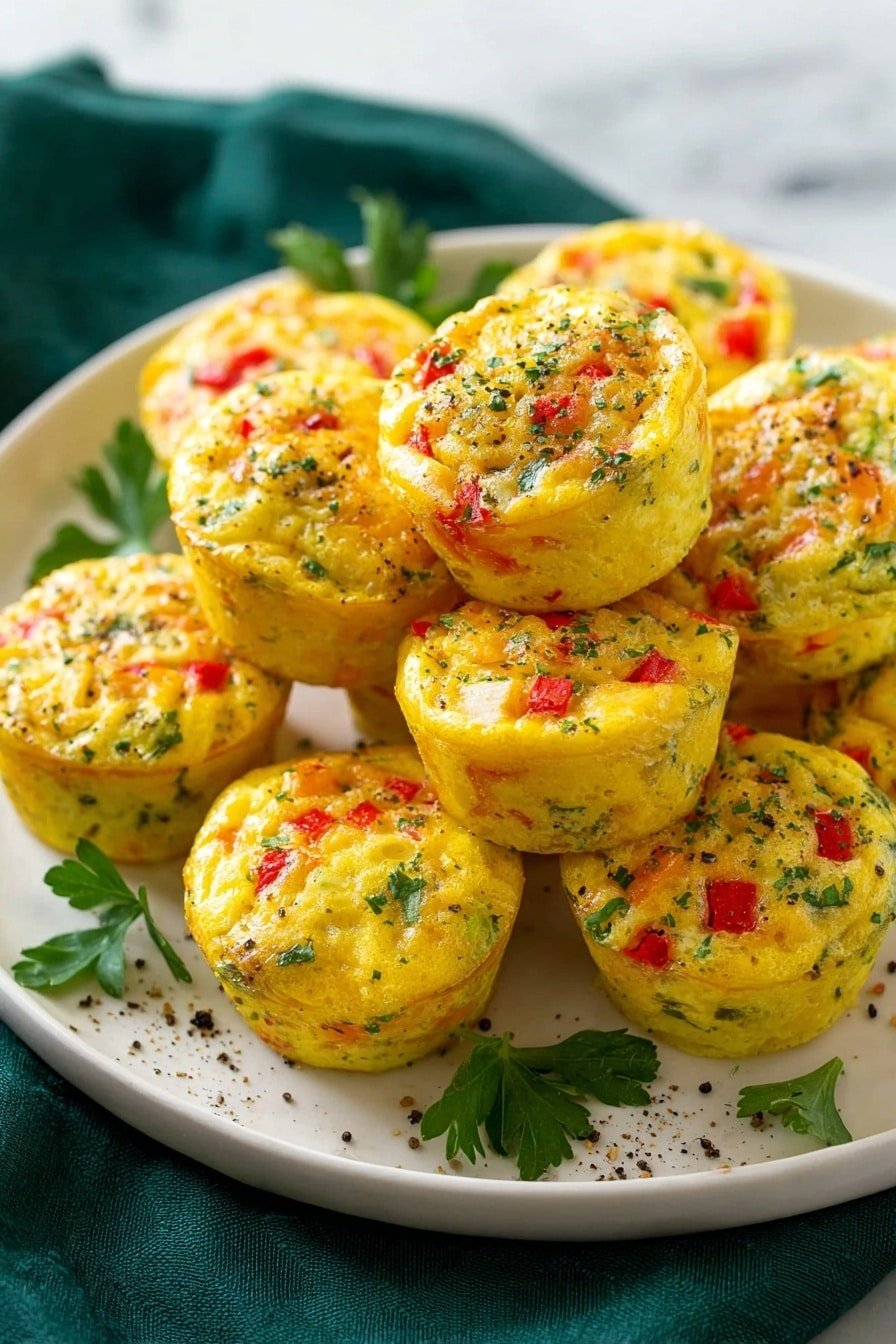 The image shows a white round plate holding about twelve small egg muffins stacked in two layers. Each muffin is golden yellow with bits of green herbs, red bell pepper, and white onions mixed inside, giving them a colorful, speckled look. The muffins have a soft, slightly bumpy texture and are arranged close together on the plate, which rests on a dark green cloth on a white marbled surface. Some fresh green parsley leaves are placed around the edge of the plate, and small specks of black pepper are sprinkled on the plate. Photo taken with an iphone --ar 2:3 --v 7