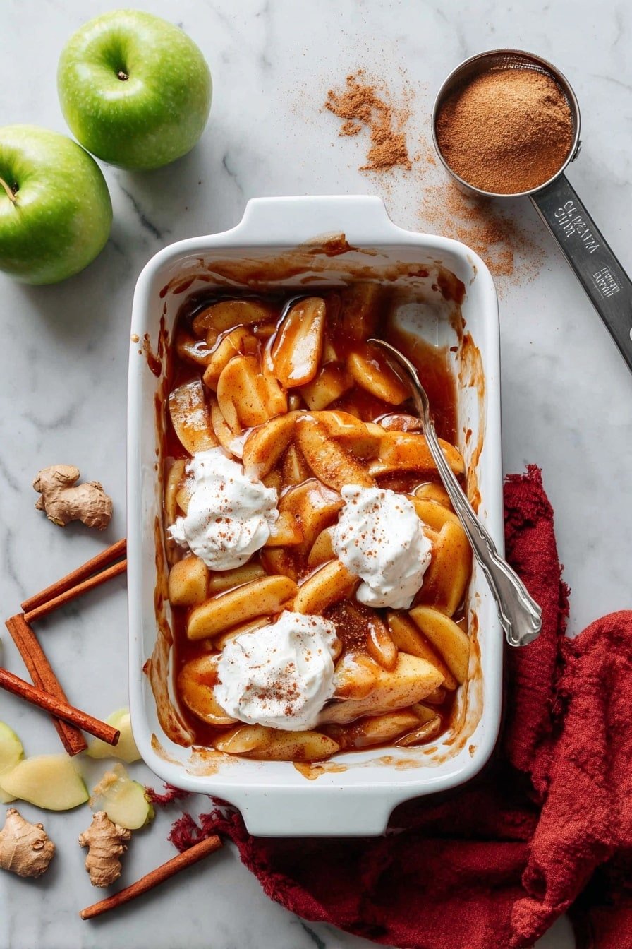 A white rectangular baking dish holds a warm apple dessert made of several layers of soft, sliced apples with a caramel-brown sauce coating them. Two dollops of white cream sit on top of the apples at opposite corners of the dish. A silver spoon rests diagonally inside the dish, partially submerged in the apple mixture. The dish is placed on a white marbled surface, alongside a green apple, two cinnamon sticks, a metal measuring cup filled with brown sugar, and a few apple slices and ginger pieces. A reddish cloth is partially underneath the dish, adding some contrast. The scene has a cozy, inviting look. photo taken with an iphone --ar 2:3 --v 7