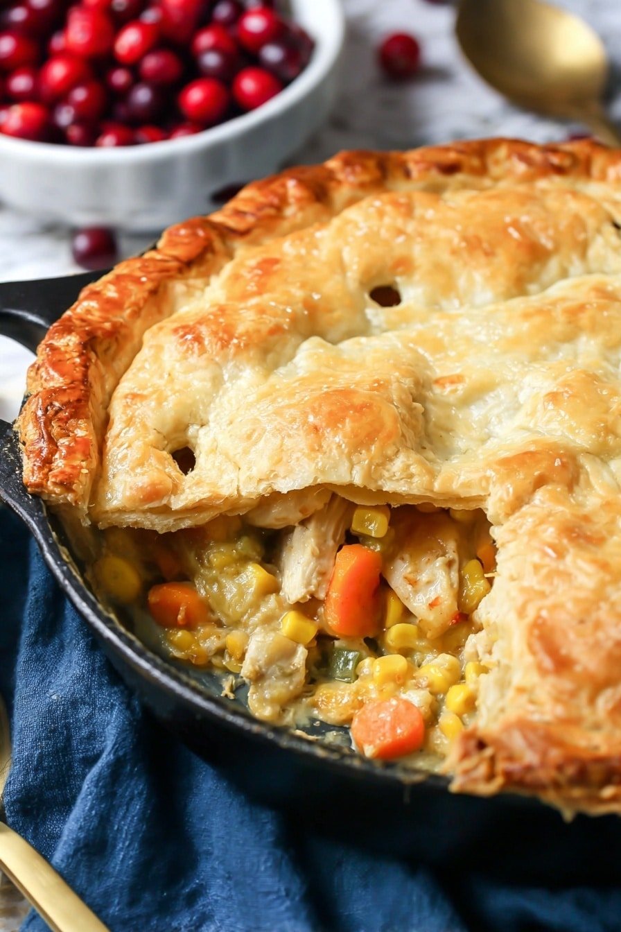 The image shows a golden brown pie with a flaky crust on top, baked in a black skillet. The crust is slightly crimped around the edges and has small vent holes. A section of the crust is gently lifted, revealing a thick filling made of diced orange carrots, yellow corn, and light brown chunks of cooked chicken mixed with a creamy sauce. The skillet sits on a dark blue cloth, and in the blurred background, there is a white bowl filled with bright red cranberries on a white marbled surface. Photo taken with an iphone --ar 2:3 --v 7