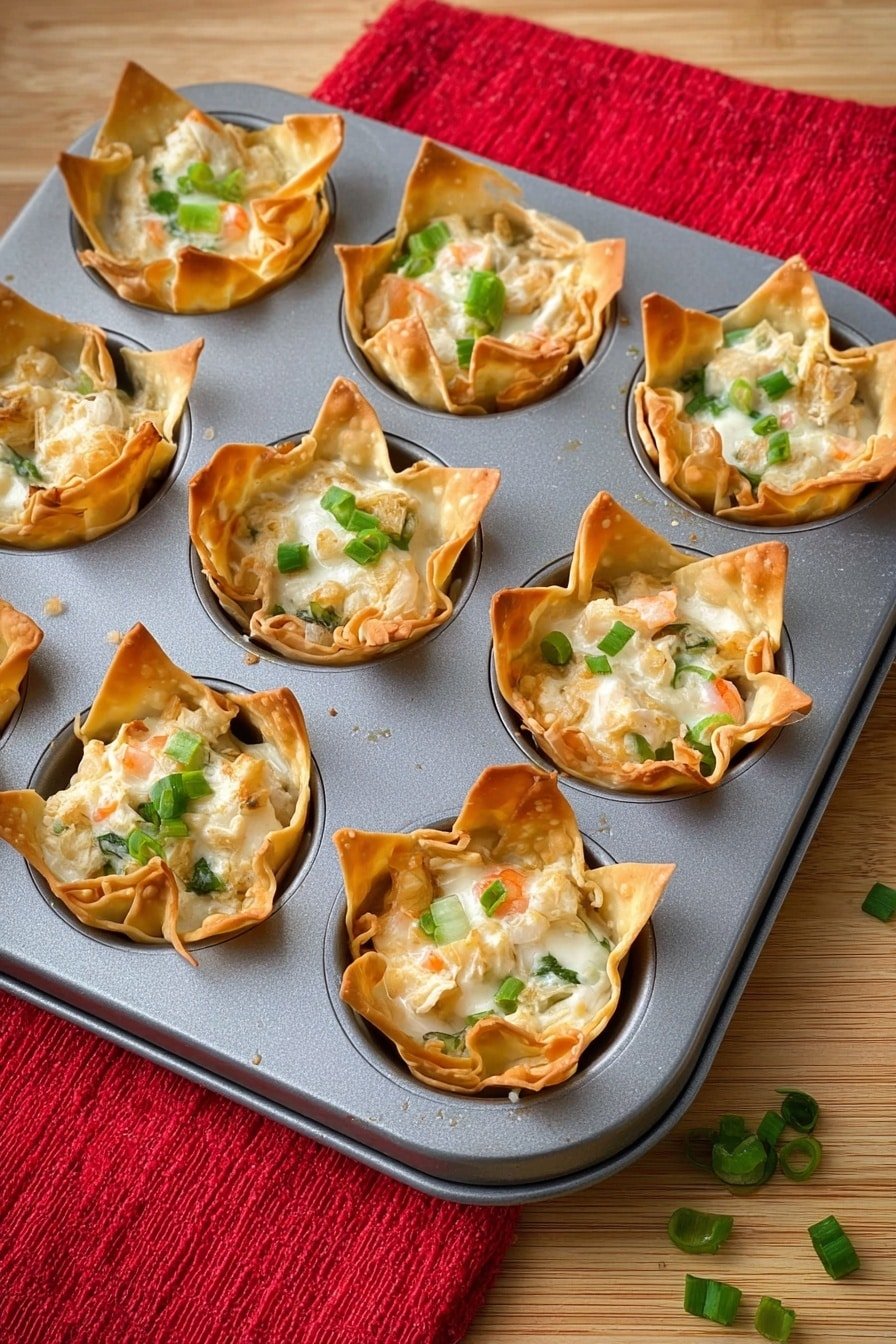 A metal muffin tray holds twelve golden-brown crispy wonton cups filled with a creamy white mixture that has small pieces of orange and green, likely vegetables or seafood, topped with chopped green herbs. The filled cups have crisp edges that stand up and curl outward from the tray wells. The tray sits on a bright red textured cloth on a wooden surface. A few extra green herb pieces are sprinkled on the tray. The photo taken with an iphone --ar 2:3 --v 7