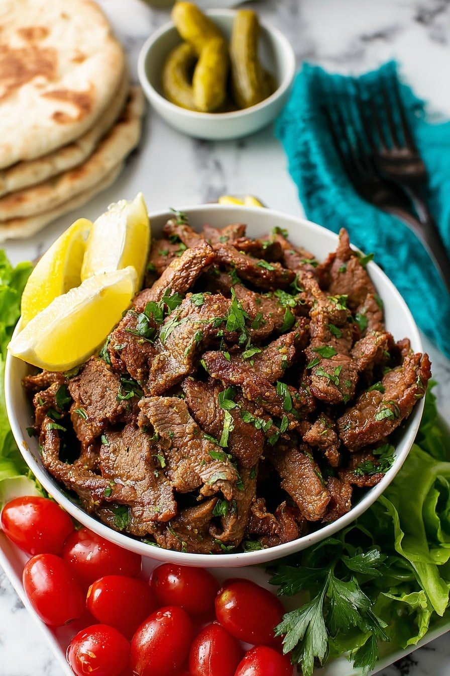 A white bowl filled with browned meat strips garnished with chopped green herbs and two lemon wedges placed on top. The bowl is positioned on a white rectangular dish that holds fresh, bright red cherry tomatoes at the bottom and fresh green leafy lettuce on the left side. In the background, a stack of lightly toasted pita bread is on the left, and a spoon rests beside the bowl near pickled green vegetables. A teal cloth and black fork are seen slightly on the right side. The surface beneath everything is a white marbled texture. Photo taken with an iphone --ar 2:3 --v 7