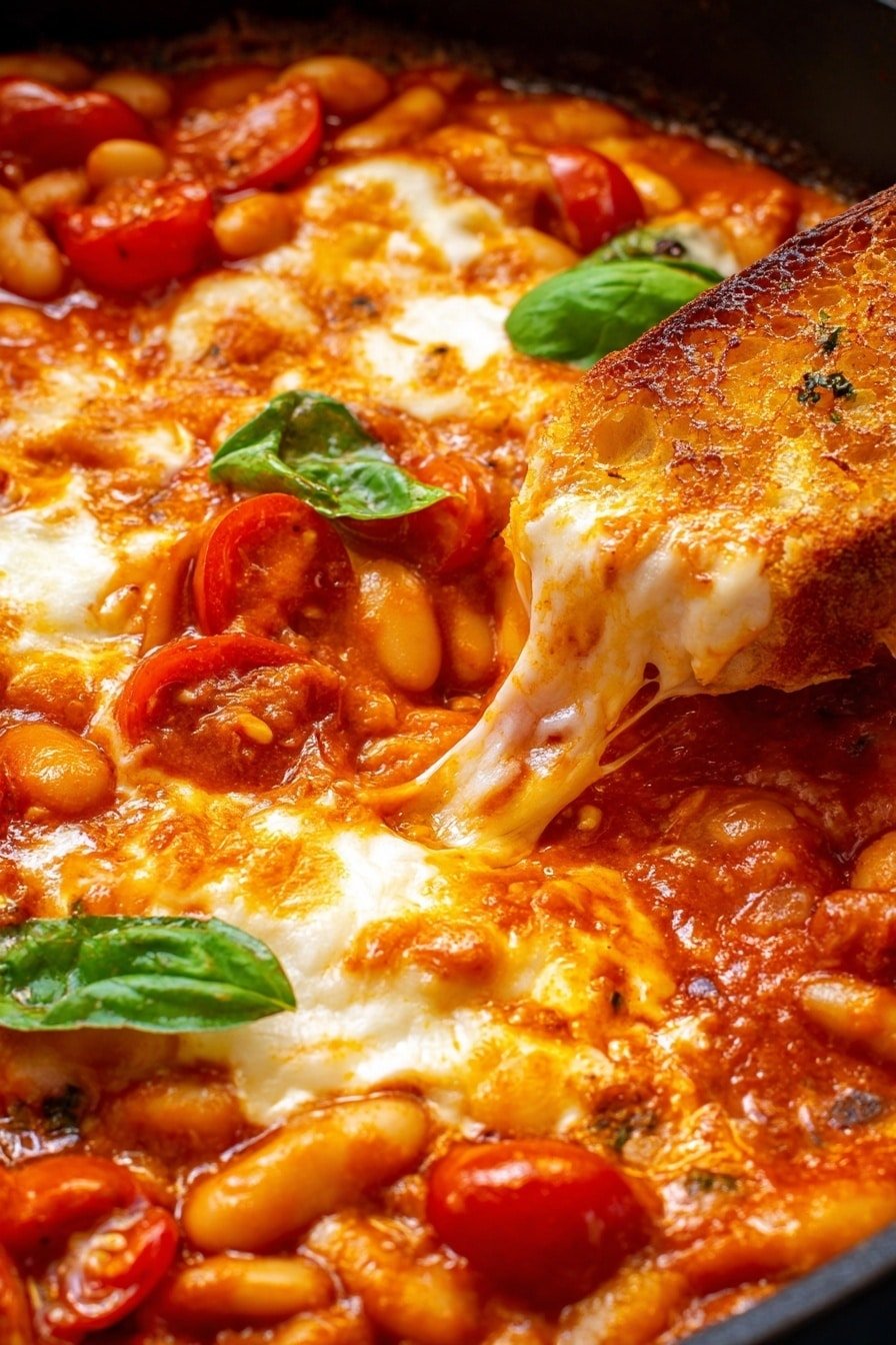 The image shows a close-up of a dish in a black pan filled with thick tomato sauce with a rich orange-red color. The dish has three main layers: the base layer made of soft white beans, whole and smooth, mixed in the sauce; the middle layer consisting of bubbling melted cheese creating stretchy strings; and scattered bright red tomato pieces adding texture. In the center, a slice of toasted bread with a crisp golden-brown surface is partially dipped in the sauce. Small green basil leaves are placed on top, providing a fresh contrast. Photo taken with an iphone --ar 2:3 --v 7
