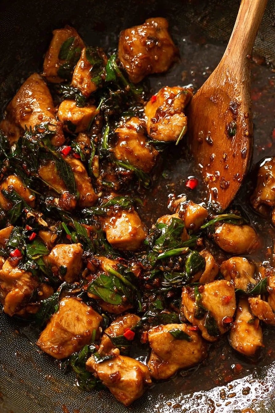 The image shows a close-up of several pieces of cooked chicken mixed with dark green leafy herbs and small red chili flakes, all coated in a shiny, thick brown sauce. The chicken pieces are uneven in size and scattered inside a dark pan, with some pieces slightly overlapping each other. A wooden spoon is stirring the mixture from the right side, its surface shining with sauce. The background appears textured and dark, focusing closely on the rich, glossy texture of the dish. photo taken with an iphone --ar 2:3 --v 7