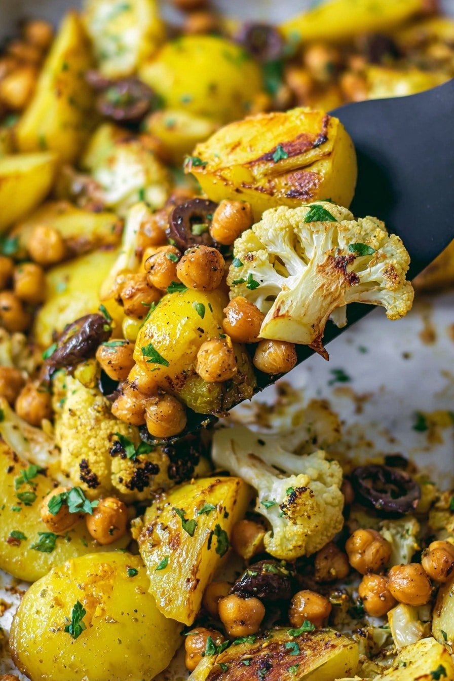 This image shows a close-up of a colorful roasted vegetable mix on a white marbled surface. The dish has roughly three layers: a base layer of golden-yellow roasted potato wedges, a middle layer of roasted cauliflower pieces with slight brown spots, and a top layer of plump, light brown chickpeas mixed with dark brown olives. Bright green herb bits are sprinkled over everything, adding a fresh contrast to the warm yellow and brown tones. A black spatula is lifting a spoonful of the mix, showing the layered textures clearly. photo taken with an iphone --ar 2:3 --v 7