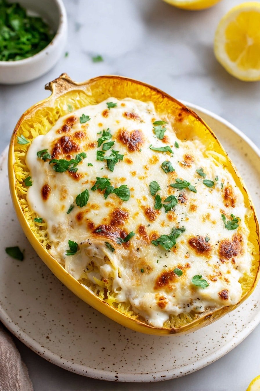 A yellow spaghetti squash half is filled with a thick layer of creamy white cheese sauce that is golden brown and bubbly on top with small browned spots. Fresh green parsley pieces are sprinkled over the cheese, adding a touch of color. The squash sits on a white plate with small speckles, which is placed on a white marbled surface. A lemon wedge is seen in the background near the top right corner. photo taken with an iphone --ar 2:3 --v 7