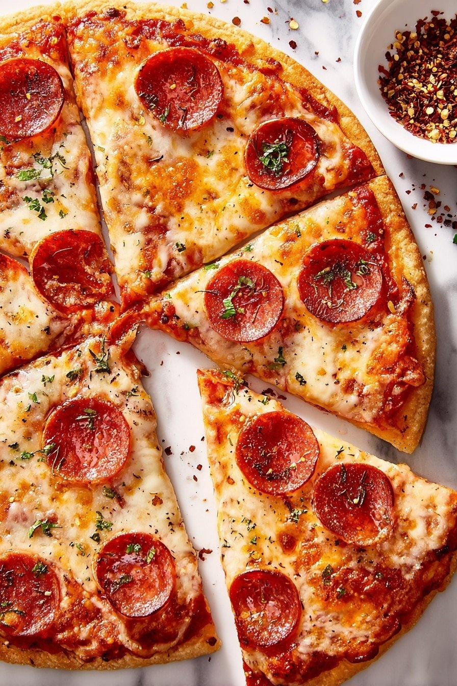 A round pepperoni pizza sliced into six pieces is shown on a white marbled surface, with one slice slightly pulled away. The pizza has a golden-brown thin crust base topped with red tomato sauce, a layer of melted light yellow cheese with slightly toasted spots, and round dark red pepperoni slices evenly placed on each slice. Small green herb bits are sprinkled on top, adding color contrast. To the side, there is a small white bowl filled with crushed red pepper flakes. The photo is taken with an iphone --ar 2:3 --v 7