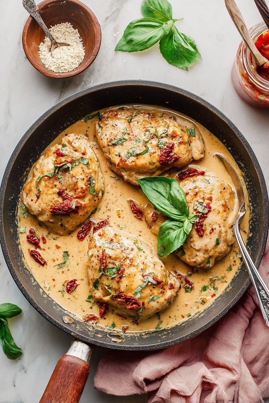 The image shows four large, golden brown chicken pieces soaked in a creamy light beige sauce with visible herbs and small red sun-dried tomato pieces scattered on top. Bright green basil leaves are placed over the chicken for garnish. The chicken and sauce fill a dark frying pan with a wooden handle resting on a white marbled surface. Nearby, there's a small brown bowl with a wooden spoon filled with beige flakes, and another small wooden spoon with dried herbs. To the right, a jar with a reddish sauce is partially visible. A soft, crumpled pink cloth is underneath part of the pan handle. A silver spoon rests inside the pan, partly submerged in the sauce. Photo taken with an iphone --ar 2:3 --v 7