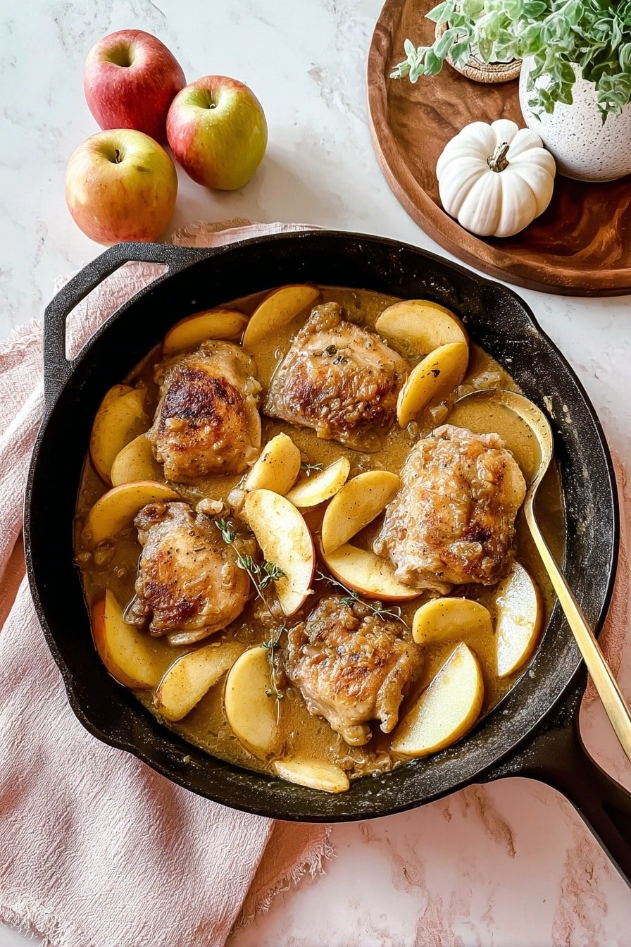 A black cast iron pan filled with a cooked dish showing four browned pieces of chicken inside a light brown sauce. Around and partially under the chicken pieces are thick apple slices, light yellow with a shiny texture. A gold spoon rests on the right side inside the pan, partially submerged in the sauce and apple slices. The pan sits on a white marbled surface with two apples to the left on a light pink cloth. In the top right corner, a white planter with green leaves and a small white pumpkin are placed on a round wooden tray. Photo taken with an iphone --ar 2:3 --v 7