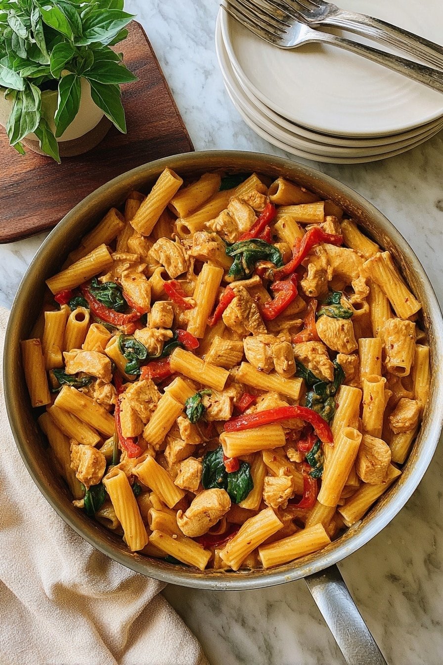 A silver pan filled with rigatoni pasta mixed with chunks of light brown cooked chicken, bright red strips of roasted pepper, and scattered green spinach leaves, all coated in a light orange sauce. To the right of the pan, there is a stack of white plates with two forks resting on top. In the top left corner, there is a small green plant sitting on a dark brown wooden board. The background is a white marbled surface, and a light beige cloth is partially visible on the left side of the pan. Photo taken with an iphone --ar 2:3 --v 7