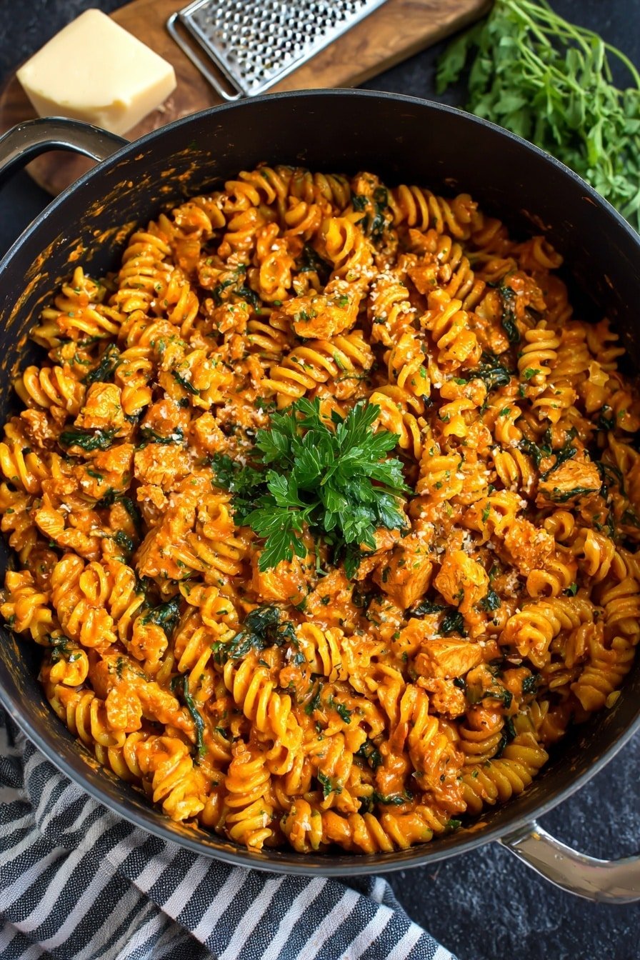 A large black pot filled with creamy rigatoni pasta all covered in an orange-red sauce, each tube pasta glistening with the thick sauce that has hints of herbs and small green spinach leaves mixed in. The pasta looks soft and coated evenly, topped with a small bunch of fresh flat-leaf parsley bright green in color. The pot sits on a dark surface next to a striped towel, a block of cheese with a grater, and some fresh herbs in the background. photo taken with an iphone --ar 2:3 --v 7