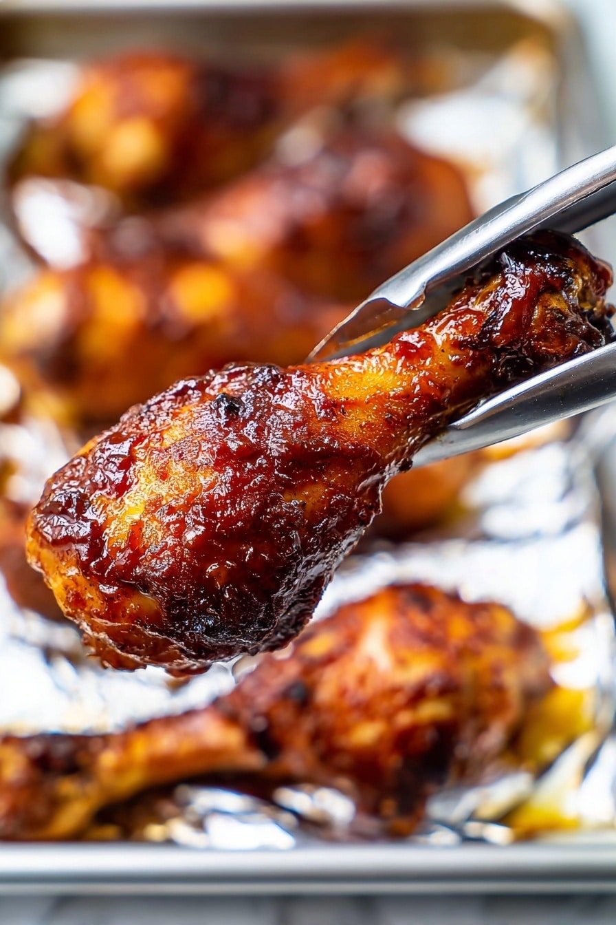 A close-up view of a single cooked drumstick with a shiny, dark brown and slightly charred surface held by a pair of metal tongs. The drumstick shows texture from the cooked skin with a glossy coating of sauce. In the blurred background, several other similar drumsticks rest on a metal rack over a tray lined with foil, set on a white marbled surface. The photo is bright, focusing on the drumstick in front with clear details of the sauce and skin texture. photo taken with an iphone --ar 2:3 --v 7