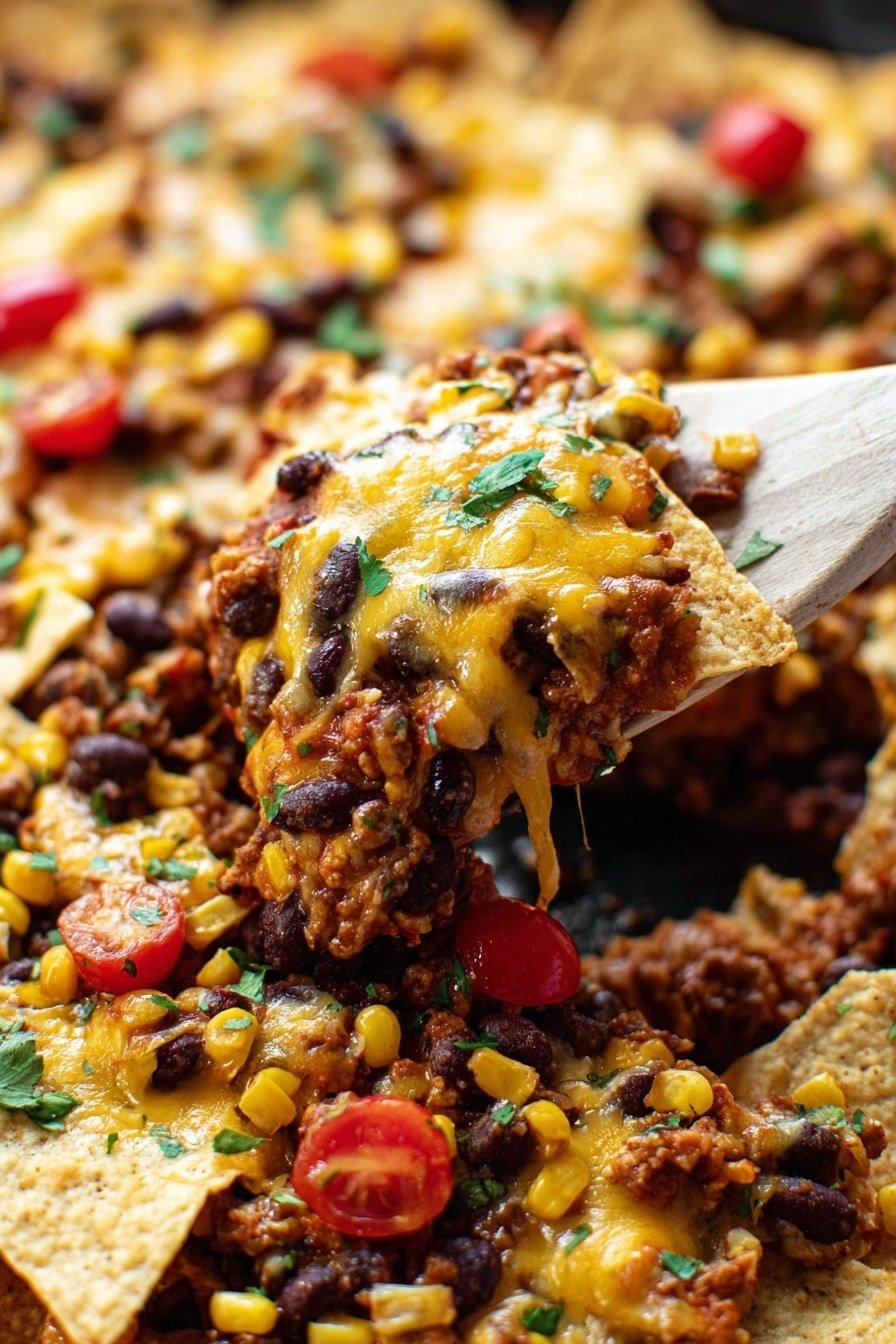 A close-up view of a layered nachos dish on a white marbled surface, featuring a base layer of crispy light beige tortilla chips. On top, there is a layer of cooked dark brown beans and ground meat mixed with small chunks of yellow corn and bright red cherry tomatoes, scattered evenly. The dish is covered with melted yellow and white cheese that stretches slightly as a woman’s hand holds a wooden spatula lifting a portion. Small green herb pieces are sprinkled on top for color. The background is filled with the same nachos, creating a warm and inviting scene. photo taken with an iphone --ar 2:3 --v 7