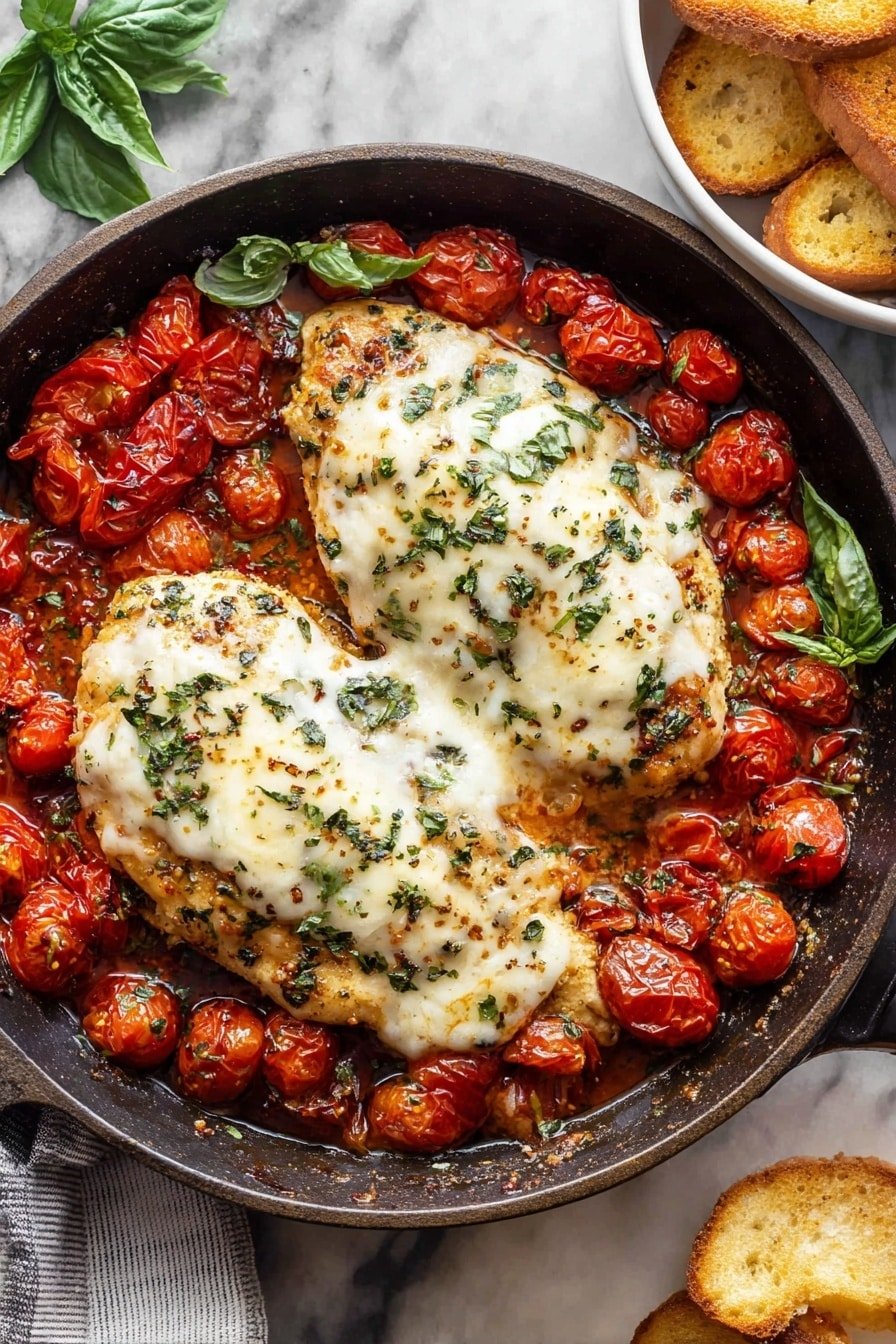 A black pan filled with two large pieces of cooked chicken topped with melted white cheese, sprinkled with green herbs. Surrounding the chicken are roasted small red cherry tomatoes with burst skins, creating a rich, juicy texture. Fresh green basil leaves are scattered on top for garnish. Next to the pan, there is a white bowl with golden toasted slices of bread. The scene is set on a white marbled surface. Photo taken with an iphone --ar 2:3 --v 7