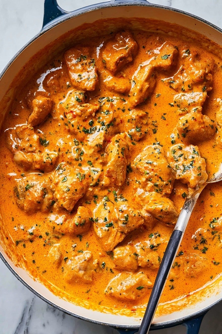 A close-up view of a thick creamy orange sauce with small green herb pieces mixed throughout, covering multiple pieces of light-colored tender meat in a single large round white pot with a black-handled metal spoon resting inside. The sauce appears smooth and rich, with some shiny spots where the light reflects off its surface, and the meat pieces show a juicy, soft texture. The pot is set on a white marbled surface. photo taken with an iphone --ar 2:3 --v 7