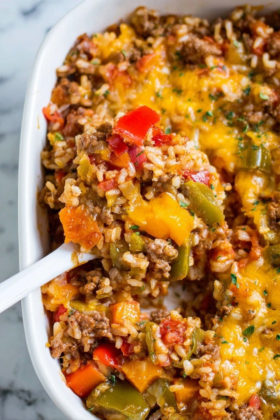The image shows a close-up of a mixed dish in a white bowl with a white spoon scooping some of it. The dish has several layers of colors and textures: small pieces of cooked ground meat in brown, chunks of green, orange, red, and yellow bell peppers, and grains of cooked rice mixed throughout. There are tiny bits of melted yellow cheese scattered on top, along with specks of green herbs. The mixture looks moist and well combined, filling the bowl fully. The background is a white marbled surface. Photo taken with an iphone --ar 2:3 --v 7