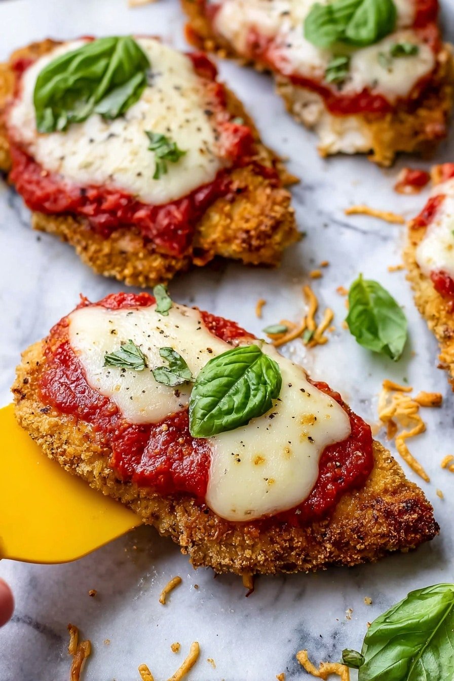 The image shows three pieces of breaded fried chicken topped with a layer of bright red tomato sauce and a thick layer of melted white cheese, crowned each with a fresh green basil leaf. The chicken has a crispy golden-brown crust with some black pepper sprinkled on the cheese layer. The pieces rest on a white marbled surface with scattered small crispy bits and extra basil leaves for garnish. The closest piece is being lifted by a yellow spatula with a woman's hand partially holding it. photo taken with an iphone --ar 2:3 --v 7