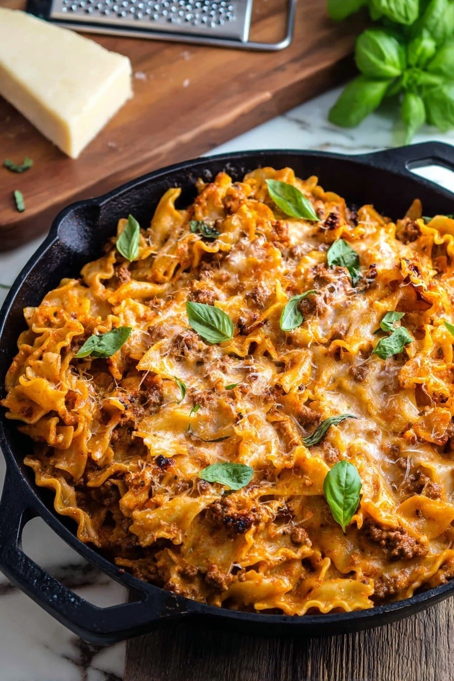 This image shows a black cast iron skillet filled with baked pasta layers. The pasta is wide, ruffled-edged ribbons coated in a rich orange sauce with browned, melted cheese on top. Small bits of cooked ground meat are mixed throughout the pasta, giving texture and color spots of brown. Bright green fresh basil leaves are scattered on the surface for garnish. The skillet sits on a wooden table with a white marbled texture, with a chunk of cheese and a grater in the background on a cutting board next to fresh basil leaves. Photo taken with an iphone --ar 2:3 --v 7