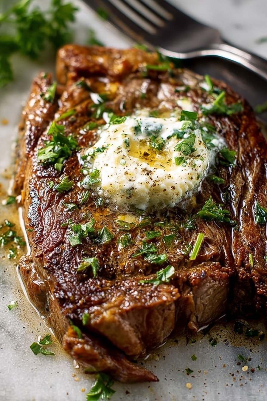 A close-up image of a cooked steak on a white marbled surface, showing a juicy, browned texture with visible grill marks and slight marbling of fat. On top of the steak is a round dollop of melting butter, slightly creamy white with bubbles, sprinkled with small green herb pieces and a touch of black pepper. Fresh chopped herbs, mainly parsley, are scattered over the steak, adding touches of bright green. A fork and a knife rest above the steak, partly visible. The lighting highlights the rich, meaty colors and the glistening butter. Photo taken with an iphone --ar 2:3 --v 7