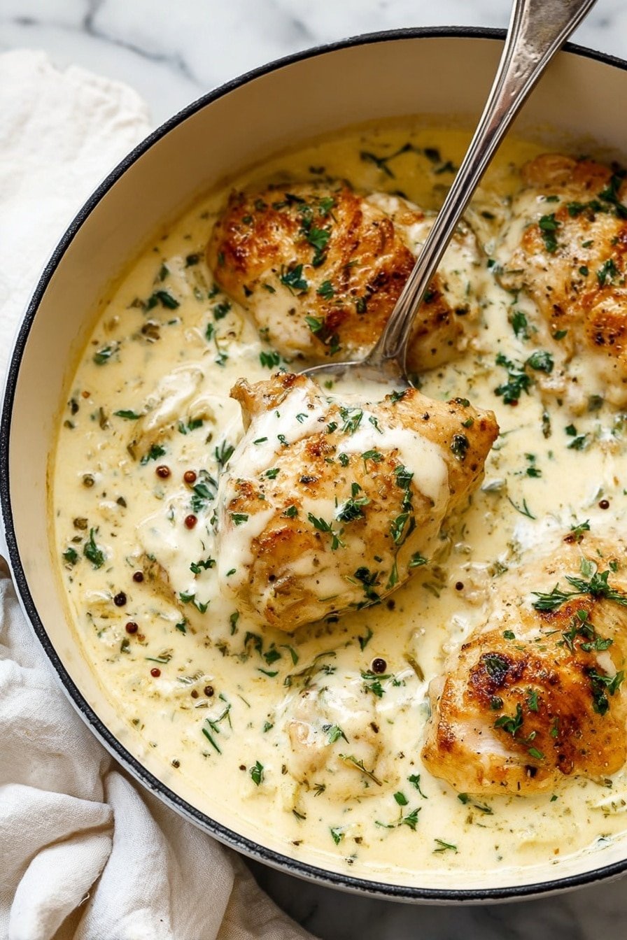A round white pot holds four large pieces of golden-brown cooked chicken layered with thick creamy white sauce, dotted with chopped green herbs and small black pepper flakes. The chicken pieces are partially submerged in the sauce, which covers the bottom and sides of the pot with a smooth, slightly shiny texture. One piece is being lifted by a silver spoon, showing the rich creaminess of the sauce as it clings to the chicken. The pot rests on a white marbled surface with a soft white cloth nearby. photo taken with an iphone --ar 2:3 --v 7