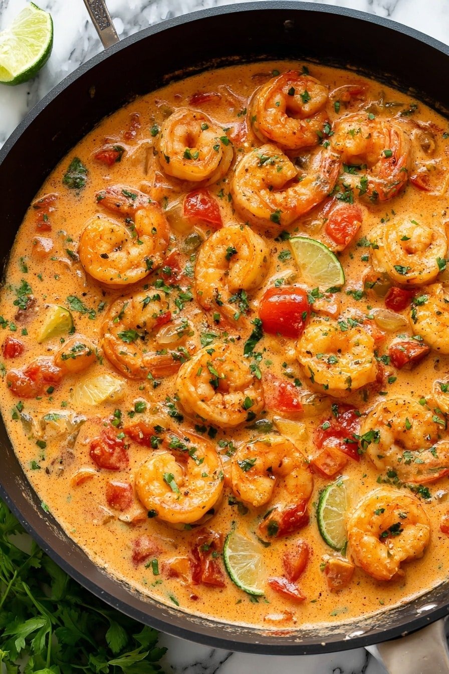 The image shows a black skillet filled with a creamy orange sauce with a smooth texture, dotted with cooked shrimp that are curled and orange-pink in color. Mixed into the sauce are small, bright red tomato pieces and green lime wedges, providing color contrast. The dish is sprinkled with finely chopped green herbs on top, adding a fresh look. The skillet sits on a white marbled surface, with some fresh green herbs visible in the corner. photo taken with an iphone --ar 2:3 --v 7
