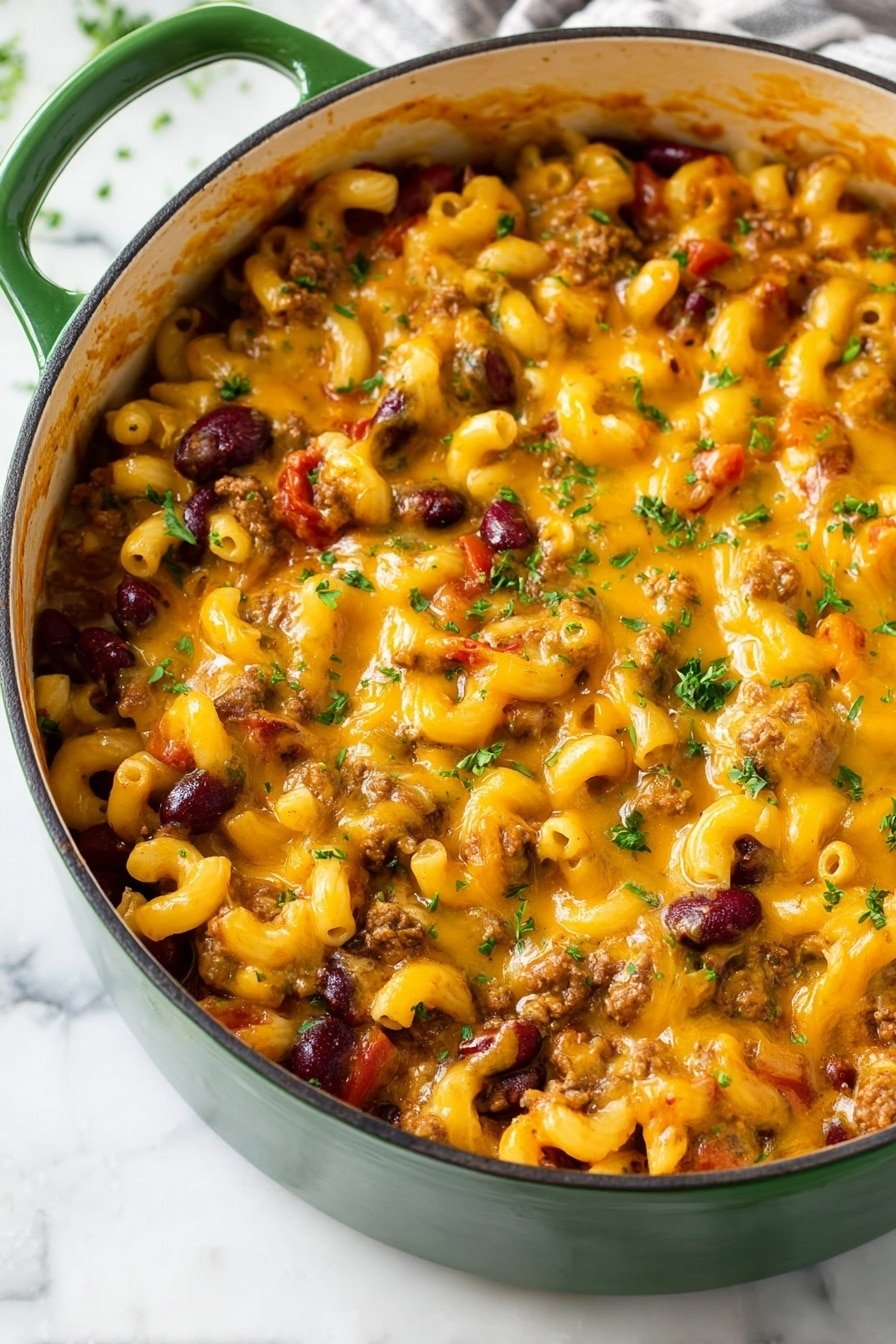 A green pot filled with a rich, cheesy macaroni dish on a white marbled surface. The dish has three main layers: the bottom layer is a mix of small elbow macaroni pasta in light yellow, soft and covered with sauce; the middle layer has cooked ground meat mixed with dark red kidney beans and small diced red tomatoes, adding texture and color; the top layer is a thick, melted bright orange cheese sauce that covers the pasta and meat, with a sprinkle of chopped green herbs scattered evenly on top. The cheese looks shiny and smooth, stretching slightly over the mix underneath. Photo taken with an iphone --ar 2:3 --v 7