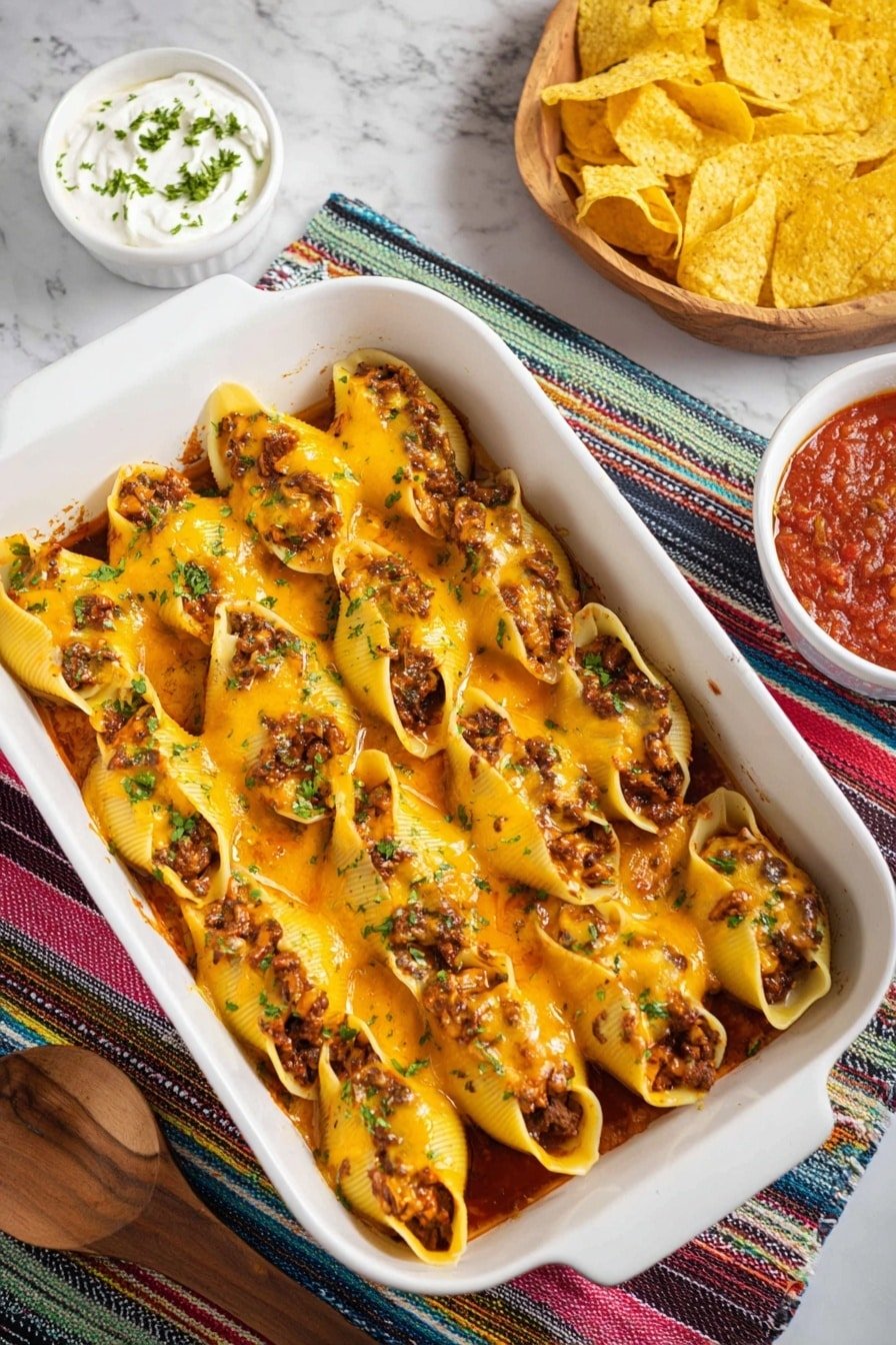 The image shows a white rectangular casserole dish filled with stuffed pasta shells arranged in three neat rows. The large pasta shells are filled with a dark meat and cheese mixture, covered with melted orange-yellow cheddar cheese and garnished with small green herb pieces scattered on top. The casserole sits on a colorful striped cloth on a white marbled surface. To the back left, there is a small white bowl with sour cream topped with herbs, and to the back right, another white bowl filled with red salsa is placed inside a round tray with yellow tortilla chips. A wooden spoon lies in the lower left foreground. Photo taken with an iphone --ar 2:3 --v 7