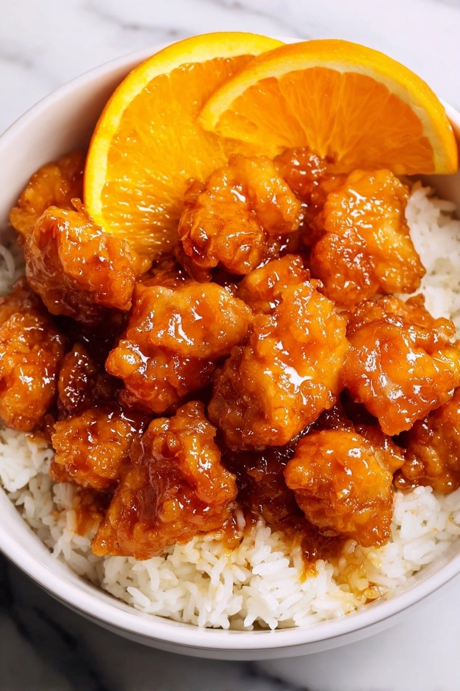 A white bowl filled with a base layer of soft white rice, topped with several pieces of shiny, sticky orange-colored fried chicken coated in a thick sauce. Two bright orange slices rest on top of the chicken pieces, adding a fresh contrast to the rich, glossy texture of the sauce. The bowl is placed on a white marbled surface. photo taken with an iphone --ar 2:3 --v 7
