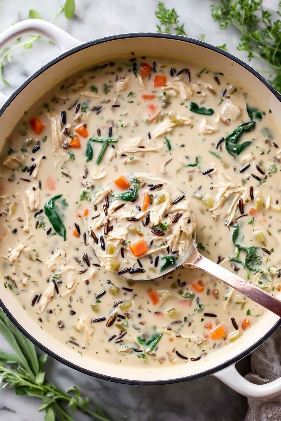 A large round white pan filled with thick creamy soup that has three main visible layers: the top layer is a smooth off-white creamy broth; the middle layer has small orange carrot slices and green spinach leaves scattered throughout; the bottom layer shows shredded pale chicken and small dark brown wild rice mixed evenly in the soup. A metal spoon angled upward is resting inside the soup, slightly lifting some of the ingredients. The pan is placed on a white marbled surface with some green leafy herbs in the background. photo taken with an iphone --ar 2:3 --v 7