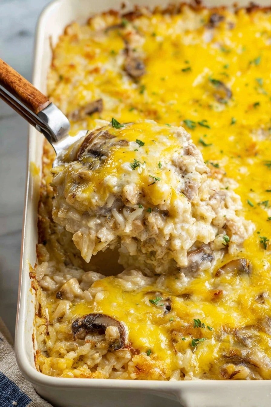 The image shows a close-up of a baked casserole in a white rectangular dish placed on a white marbled surface. The casserole has two visible layers: a creamy, light beige bottom layer mixed with pieces of mushrooms and rice, and a top layer of melted yellow cheese with a slightly browned texture. A fork with a wooden handle is lifting a portion of the casserole, showing its soft and rich texture with visible chunks of mushrooms and gooey melted cheese. The overall look is warm and inviting. Photo taken with an iphone --ar 2:3 --v 7