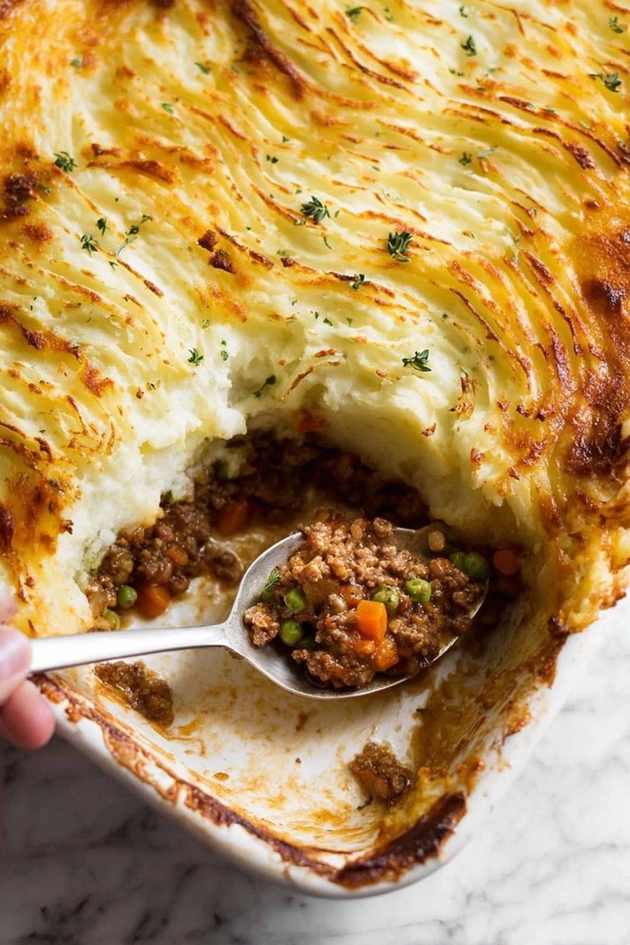 A white baking dish filled with a layered shepherd's pie. The top layer is golden-brown mashed potatoes with some light browning and subtle swirled texture, sprinkled with small green herb leaves. Below is a thick layer of cooked ground meat mixed with small pieces of green peas and orange carrots, showing a moist texture. A woman's hand is holding a spoon scooping out a portion from the dish, revealing the meat and vegetable layer beneath the mashed potatoes. The dish is placed on a white marbled surface photo taken with an iphone --ar 2:3 --v 7
