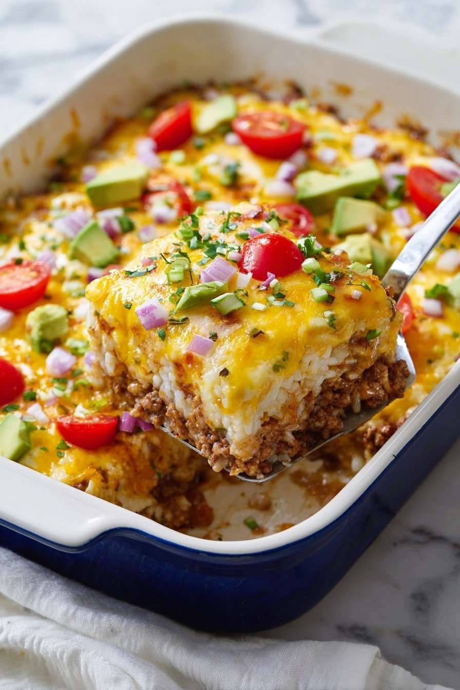 The dish is a layered casserole in a white dish with a blue outer edge, featuring four visible layers: the bottom layer is ground meat, thick and brown; topped with a layer of white rice mixed with melted yellow and white cheese; the third layer has small pieces of avocado, red cherry tomatoes, and finely chopped red onions scattered evenly; the top layer is melted cheese sprinkled with chopped green onions and herbs. A metal spatula is lifting one square piece from the dish, showing the thickness and layers clearly. The dish sits on a white marbled surface with a white cloth nearby. Photo taken with an iphone --ar 2:3 --v 7