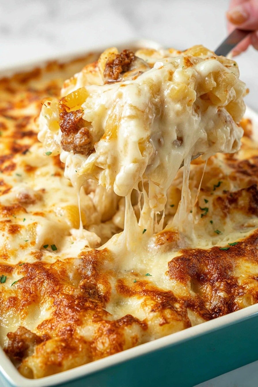 The image shows a close-up of a baked pasta dish in a creamy cheese sauce inside a white baking dish with a teal edge. The dish has layers with the top part showing light golden melted cheese stretching as a woman's hand scoops out a portion. The pasta is curly and coated in thick, creamy white cheese sauce with some browned bits from baking, and there are bits of browned minced meat embedded within the cheese near the edges. The background is a white marbled texture. photo taken with an iphone --ar 2:3 --v 7