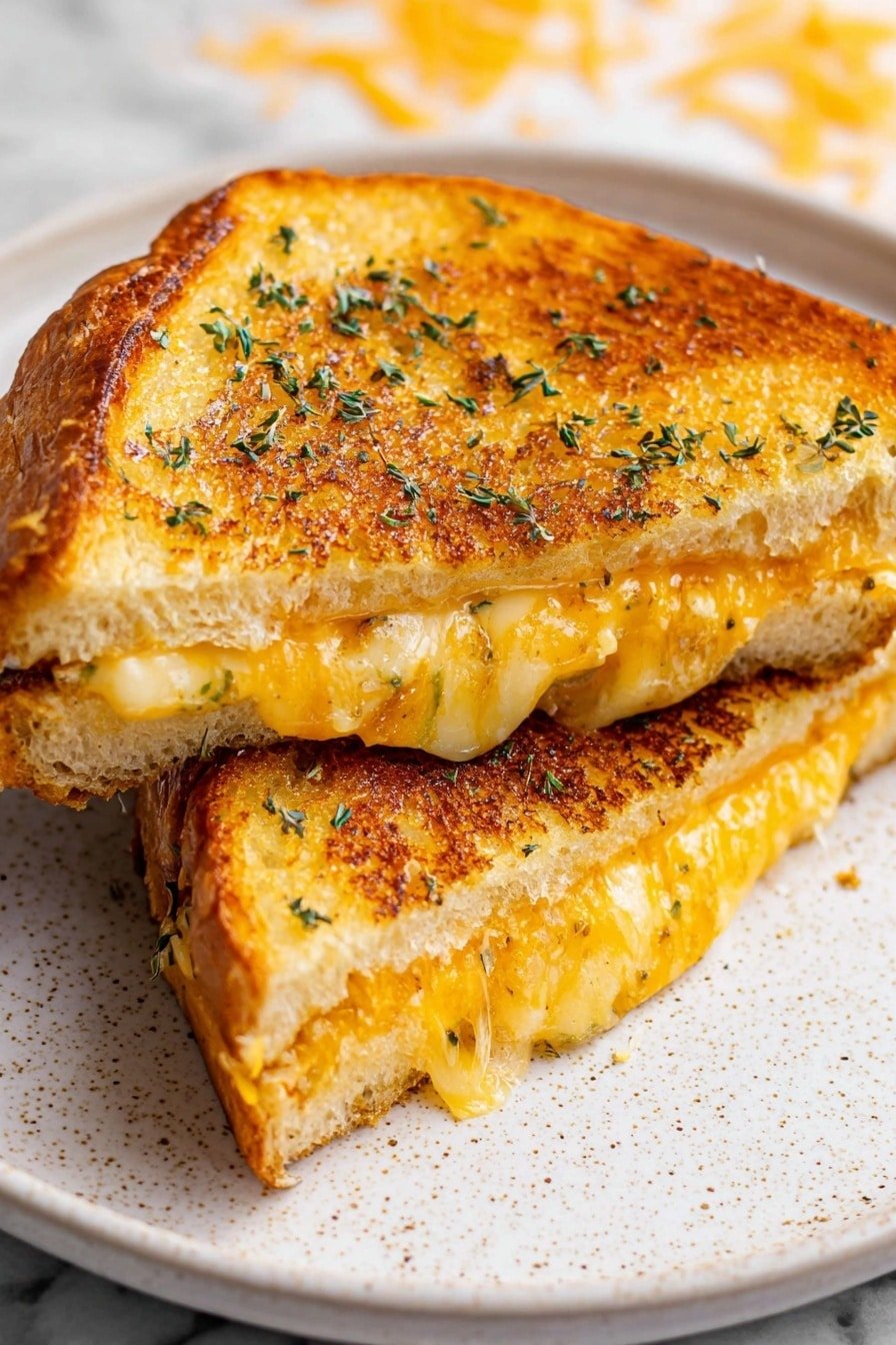 The image shows two triangular halves of a grilled cheese sandwich placed on a white plate with small speckles. The sandwich has three visible layers: the golden, crispy toasted bread on the outside with green herb sprinkles, a thick melted yellow cheese layer in the middle, and a slightly lighter melted cheese layer closer to the bread edges, oozing out slightly. The bread has a crunchy texture with some darker brown spots. The background has melted cheese shreds scattered with a white marbled surface beneath. photo taken with an iphone --ar 2:3 --v 7