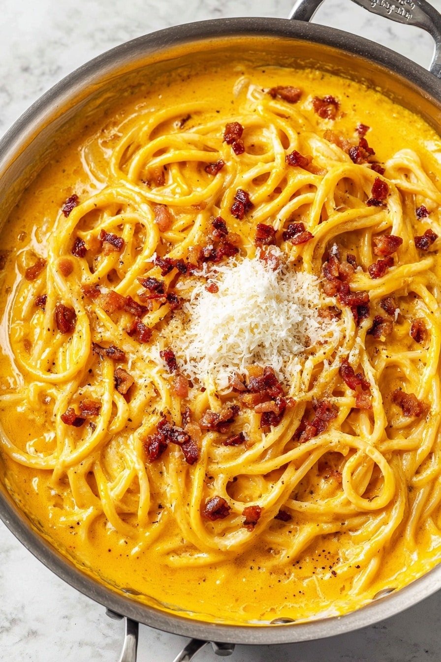 A silver pan filled with thick yellow-orange creamy sauce covering thick spaghetti noodles, with small dark red crispy pieces scattered evenly on top, and a mound of finely grated white cheese sitting in the center, all placed on a white marbled surface photo taken with an iphone --ar 2:3 --v 7
