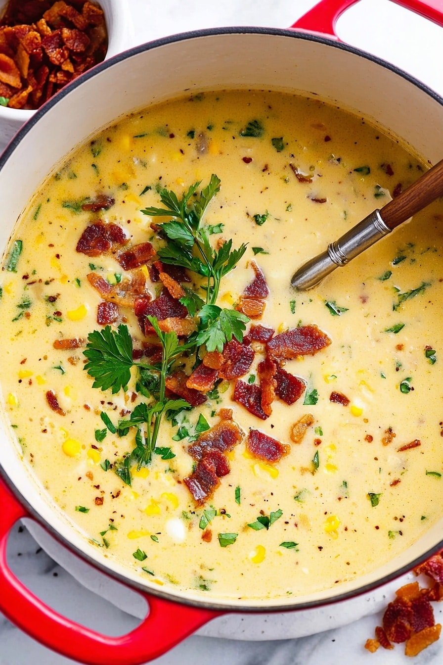 A creamy soup fills a large white pot with a bright red handle, showing a thick yellowish base dotted with small pieces of corn and herbs. On top, crispy browned bacon pieces and fresh green parsley leaves are scattered near the center. A wooden spoon with a metal handle rests inside the pot, partially submerged in the soup. The pot sits on a white marbled surface, and part of a white bowl with more bacon bits can be seen at the edge. Photo taken with an iphone --ar 2:3 --v 7