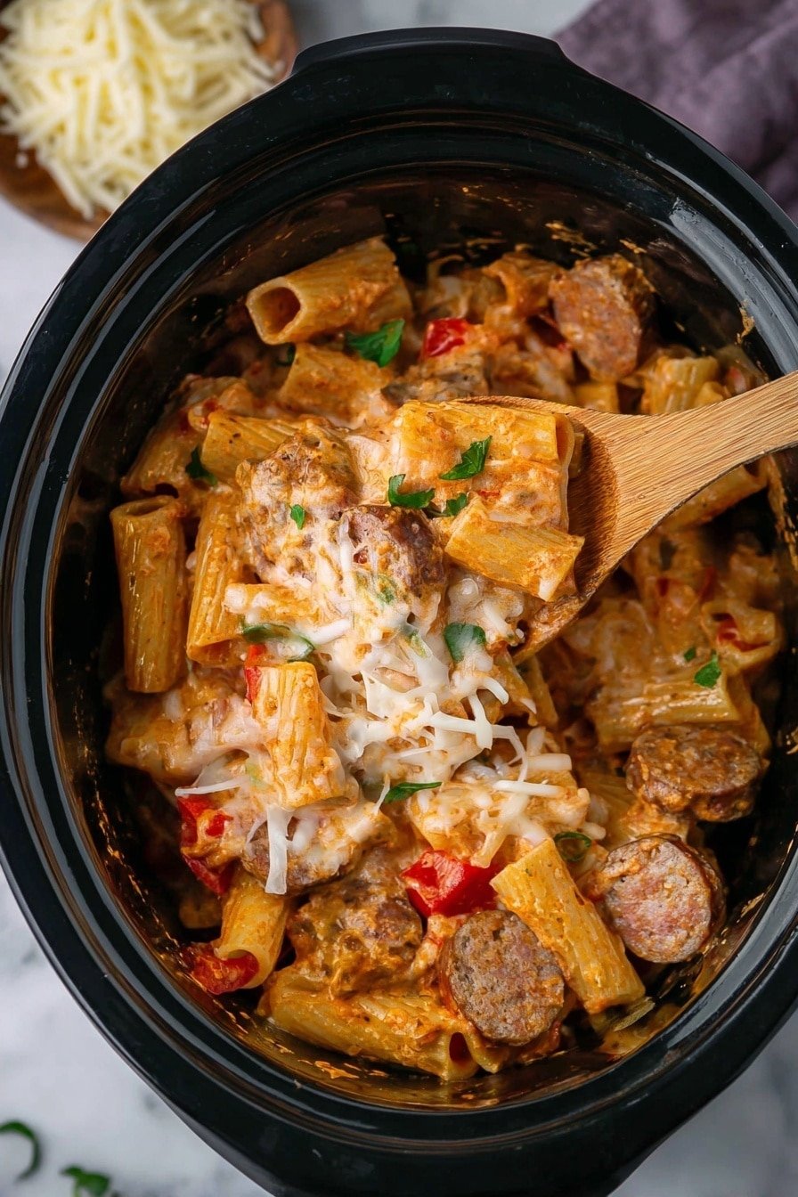 Inside a black slow cooker, there is a dish made of rigatoni pasta with a light orange sauce mixed throughout. Visible layers include slices of cooked sausage with a brown texture, pieces of red and green bell peppers, and melted white cheese draped on top. The pasta looks soft and coated with sauce, and some green herbs are sprinkled over the dish for color contrast. A wooden spoon is lifting a portion of the pasta, showing all the ingredients combined. The setting has a white marbled surface with a small bowl of shredded white cheese nearby. Photo taken with an iphone --ar 2:3 --v 7