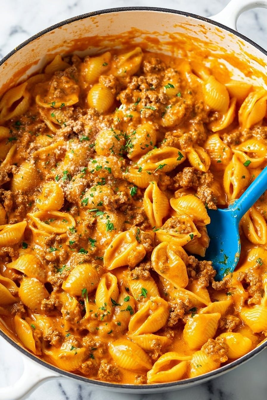 The image shows a large white pot filled with shell pasta in a rich, creamy orange sauce mixed with small chunks of browned ground meat and finely chopped green herbs scattered on top. A bright blue spoon is partially submerged in the pasta on the right side, resting inside the pot. The pasta shells are coated evenly with the thick sauce, giving a smooth and slightly glossy texture. The pot sits on a white marbled surface, and the photo captures the details of the pasta and sauce closely, emphasizing its comfort food appearance. photo taken with an iphone --ar 2:3 --v 7