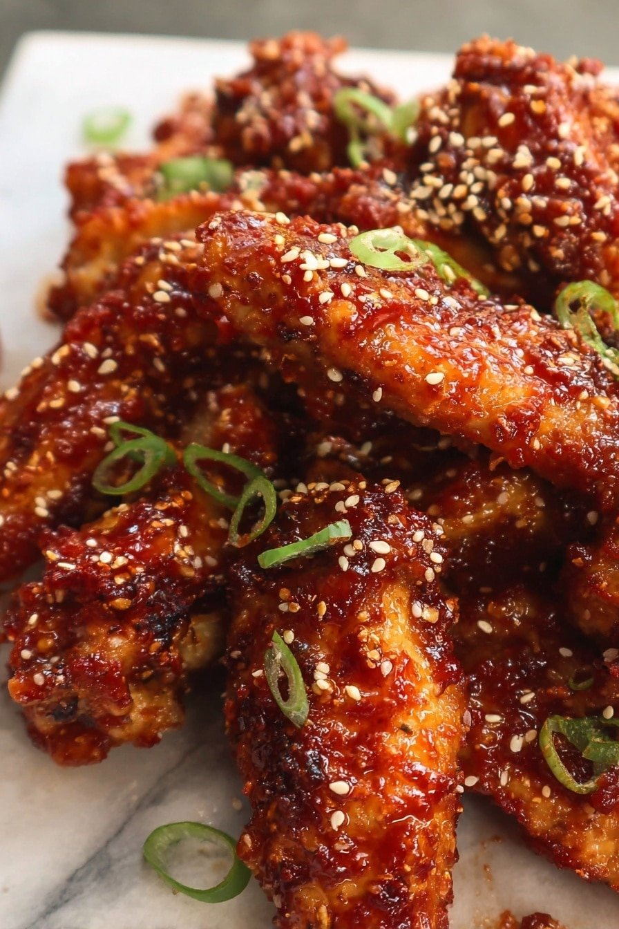 A close-up view of a pile of chicken wings on white marbled texture. The wings are coated with a thick red-brown sauce, glistening with a sticky texture. They are sprinkled with small white sesame seeds and scattered thin green onion rings. The wings show a mix of golden brown and darker charred spots, giving a crispy look. Photo taken with an iphone --ar 2:3 --v 7