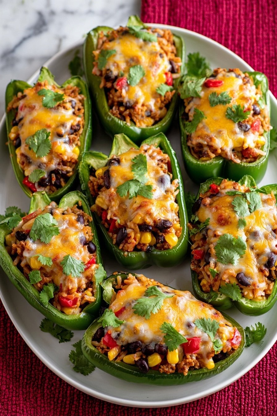 A white plate holds eight halved green bell peppers filled with a layered mix of cooked rice, black beans, corn, diced red peppers, and small bits of brown textured protein, topped with melted yellow and white cheese and garnished with bright green cilantro leaves. The peppers show a glossy texture, holding the colorful filling in neat mounds. The plate sits on a red textured cloth, against a white marbled surface. photo taken with an iphone --ar 2:3 --v 7