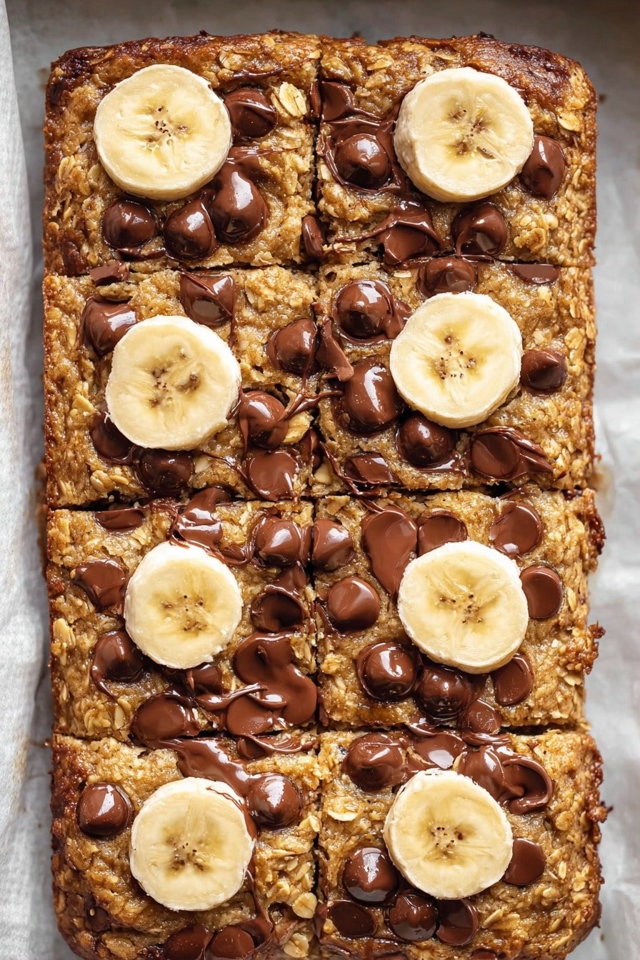The image shows a tray of baked banana oat bars cut into twelve squares, arranged in three rows and four columns. Each square bar has a light golden brown oat base with a rough, textured surface. Dark brown melted chocolate chips are scattered on top in small, rounded, soft puddles, some partially melting into the oat layer. Round slices of banana with a light cream color and brown edges are placed on top of several squares, adding a soft contrast to the texture below. The bars sit on white parchment paper inside a baking tray with a white marbled surface visible around the edges. photo taken with an iphone --ar 2:3 --v 7