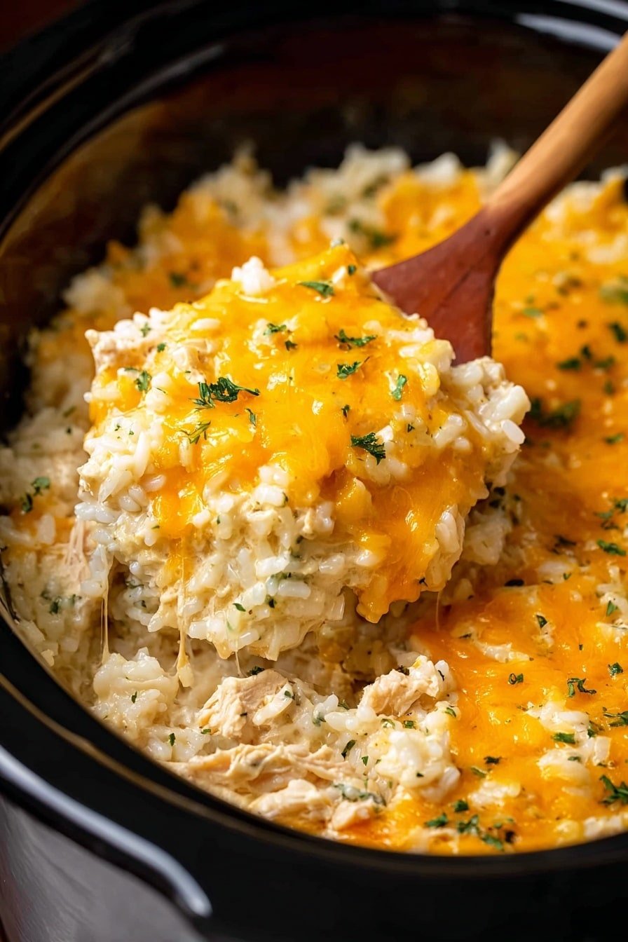 The dish shows a close-up of a creamy rice casserole inside a round black slow cooker. The casserole has two main layers: the bottom layer is made of soft white rice mixed with small bits of pale chicken, while the top layer is a thick coating of melted bright orange cheddar cheese with bits of green herbs sprinkled on top. A wooden spoon is scooping part of the casserole, revealing the textured rice and cheese layers beneath. The inside of the slow cooker has a shiny black surface, and the photo is focused on the rich cheese melting smoothly over the rice mix. photo taken with an iphone --ar 2:3 --v 7