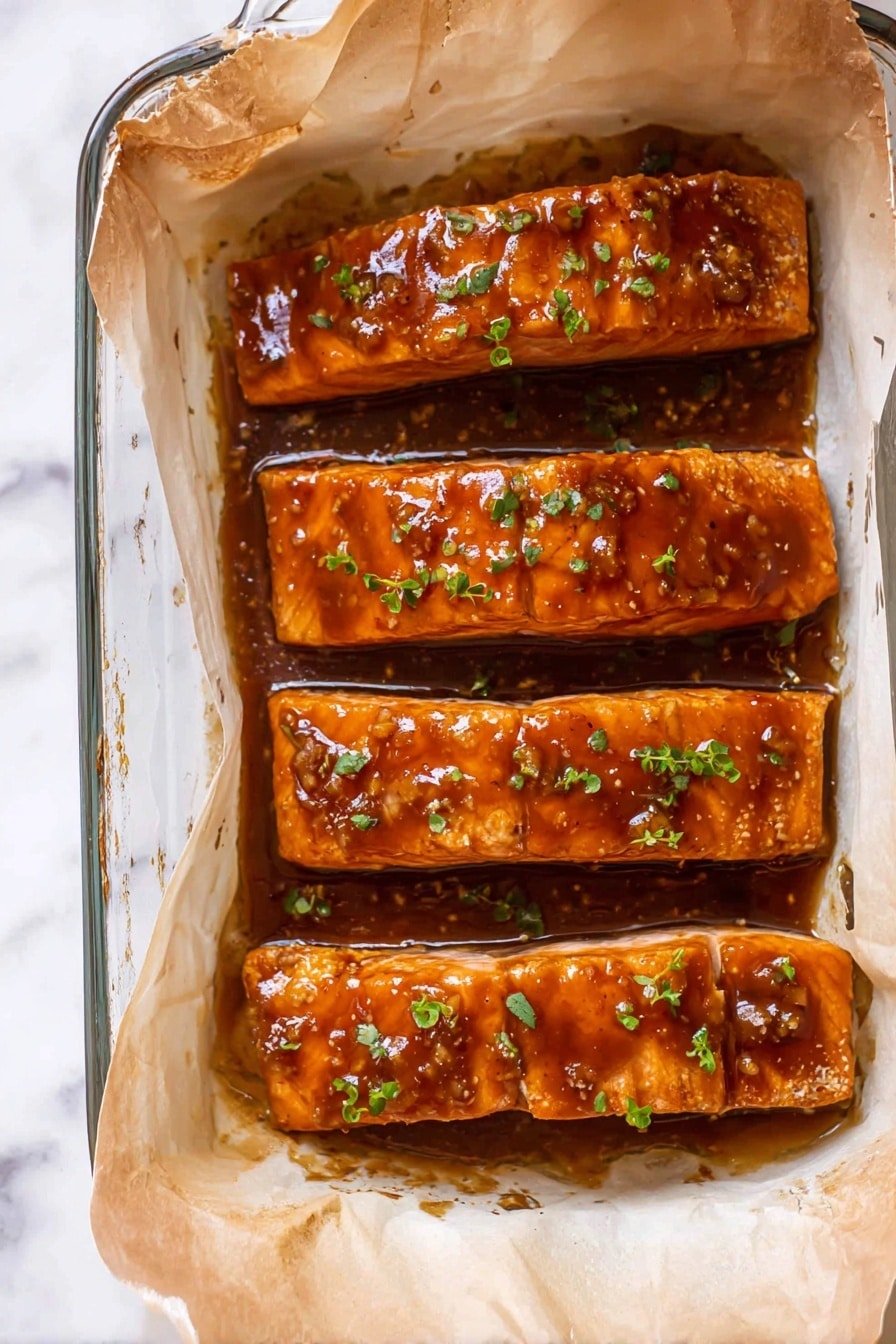 The image shows four pieces of cooked salmon fillets laid out in a clear glass baking dish lined with parchment paper. Each fillet is covered with a shiny, reddish-brown sauce that looks thick and sticky with visible bits of garlic and herbs. Small green herb leaves are sprinkled on top of the salmon, adding a fresh contrast. The parchment paper underneath has absorbed some sauce, showing darker spots around the fillets. The clear glass dish is placed on a white marbled surface. The overall look is warm and appetizing with a neat arrangement of the four salmon pieces photo taken with an iphone --ar 2:3 --v 7