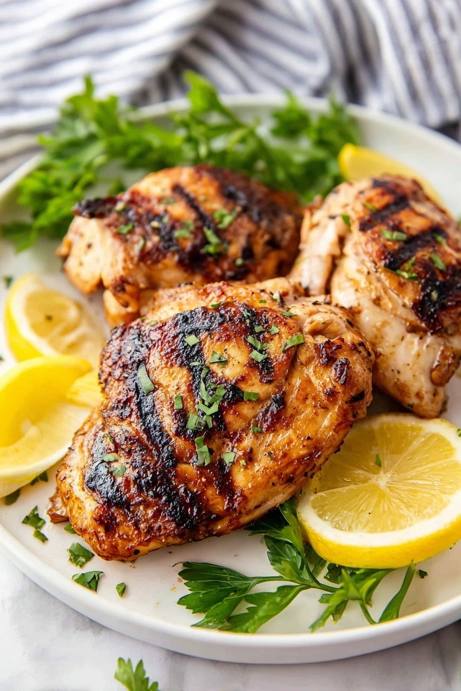Three grilled chicken pieces with golden brown and dark char marks are arranged on a white plate. The chicken is topped with small green herb pieces. Around the chicken, there are bright yellow lemon wedges and fresh green parsley leaves. The plate sits on a white marbled surface, and the image reveals a soft-focus gray and white striped cloth in the background. Photo taken with an iphone --ar 2:3 --v 7