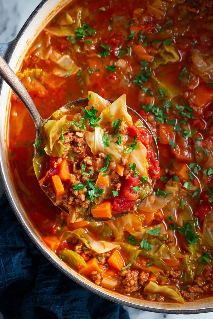 The image shows a white pot filled with a thick soup made of several layers: a rich red tomato-based broth as the base, chunks of light orange carrots, green cabbage leaves, small pieces of browned ground meat, and diced red tomatoes. On top, there is a generous sprinkle of fresh green chopped herbs. A spoon lifts a scoop of the colorful soup, clearly showing each ingredient mixed together with the liquid, all resting on a white marbled surface with a dark blue cloth partially visible nearby. photo taken with an iphone --ar 2:3 --v 7