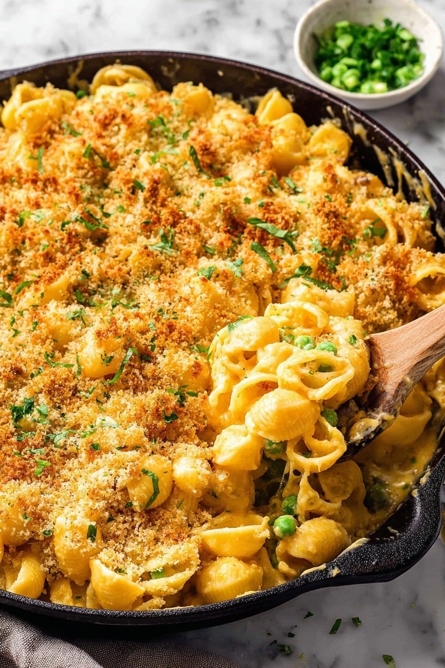 A close-up shot of a creamy baked pasta dish in a dark cast iron skillet placed on a white marbled surface. The pasta is shell-shaped and coated in a rich, yellow-orange cheese sauce mixed with small green peas. A golden layer of crispy breadcrumbs covers the top, sprinkled with small bits of fresh green herbs. A wooden spoon is scooping out a portion, lifting the pasta to show the melted cheesy texture underneath the crunchy topping. In the background, there is a small white bowl of chopped green herbs. photo taken with an iphone --ar 2:3 --v 7