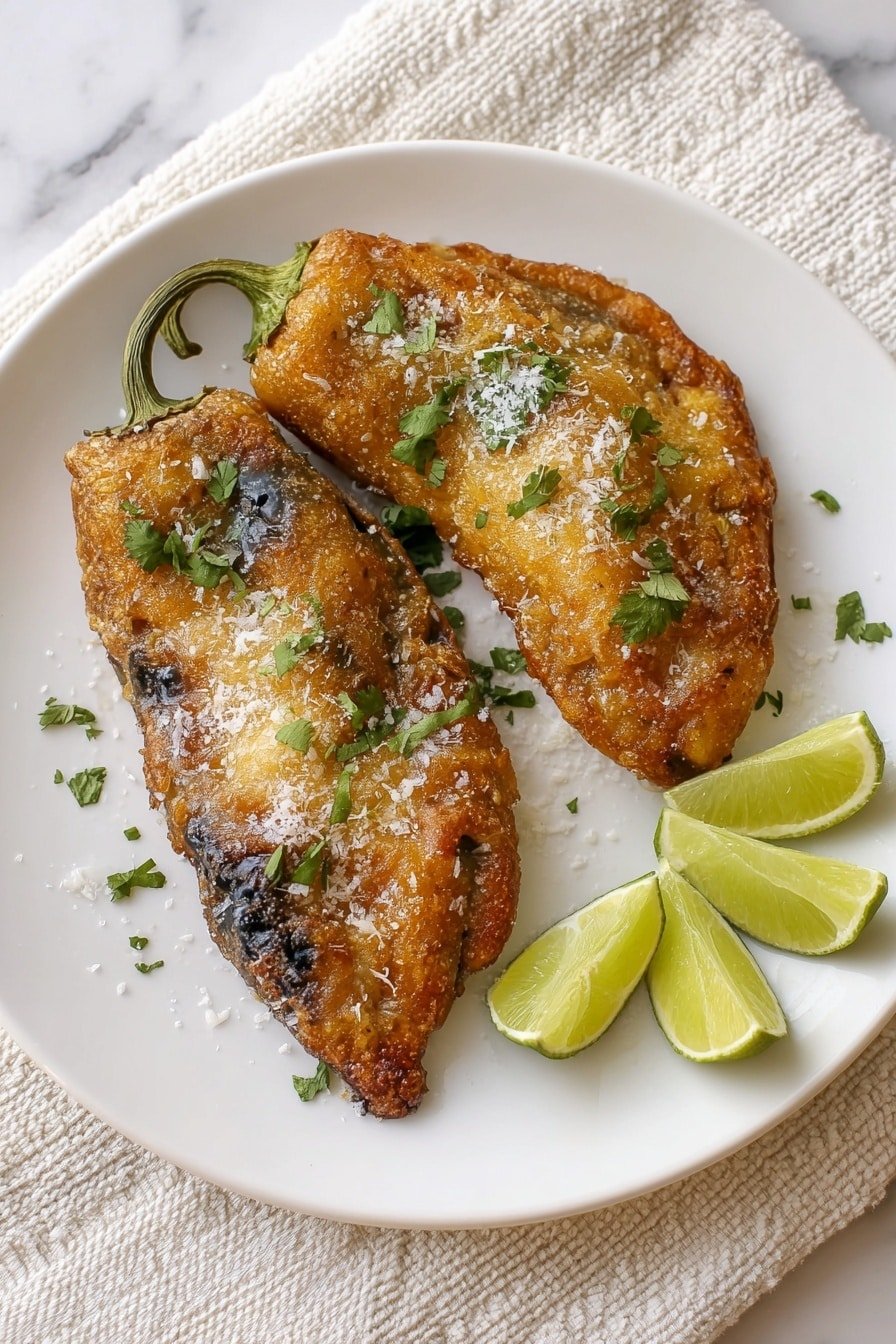 The image shows two large, golden brown fried peppers placed side by side on a white plate. Each pepper is coated in a crispy batter that looks slightly bubbled and uneven, with some dark browned spots showing. They are sprinkled lightly with white grated cheese and chopped green cilantro leaves, adding a fresh color contrast on the warm tones of the fried batter. Above the peppers, near the plate’s edge, there are three bright lime wedges arranged neatly in a small cluster. The plate rests on a light-colored textured cloth, all set against a white marbled surface. photo taken with an iphone --ar 2:3 --v 7